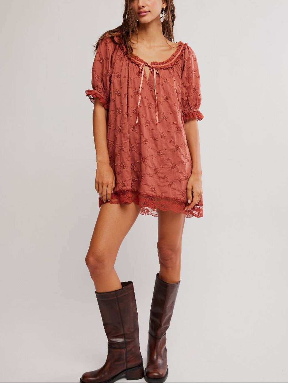 Free People Rust Mini Dress with Lace Trim